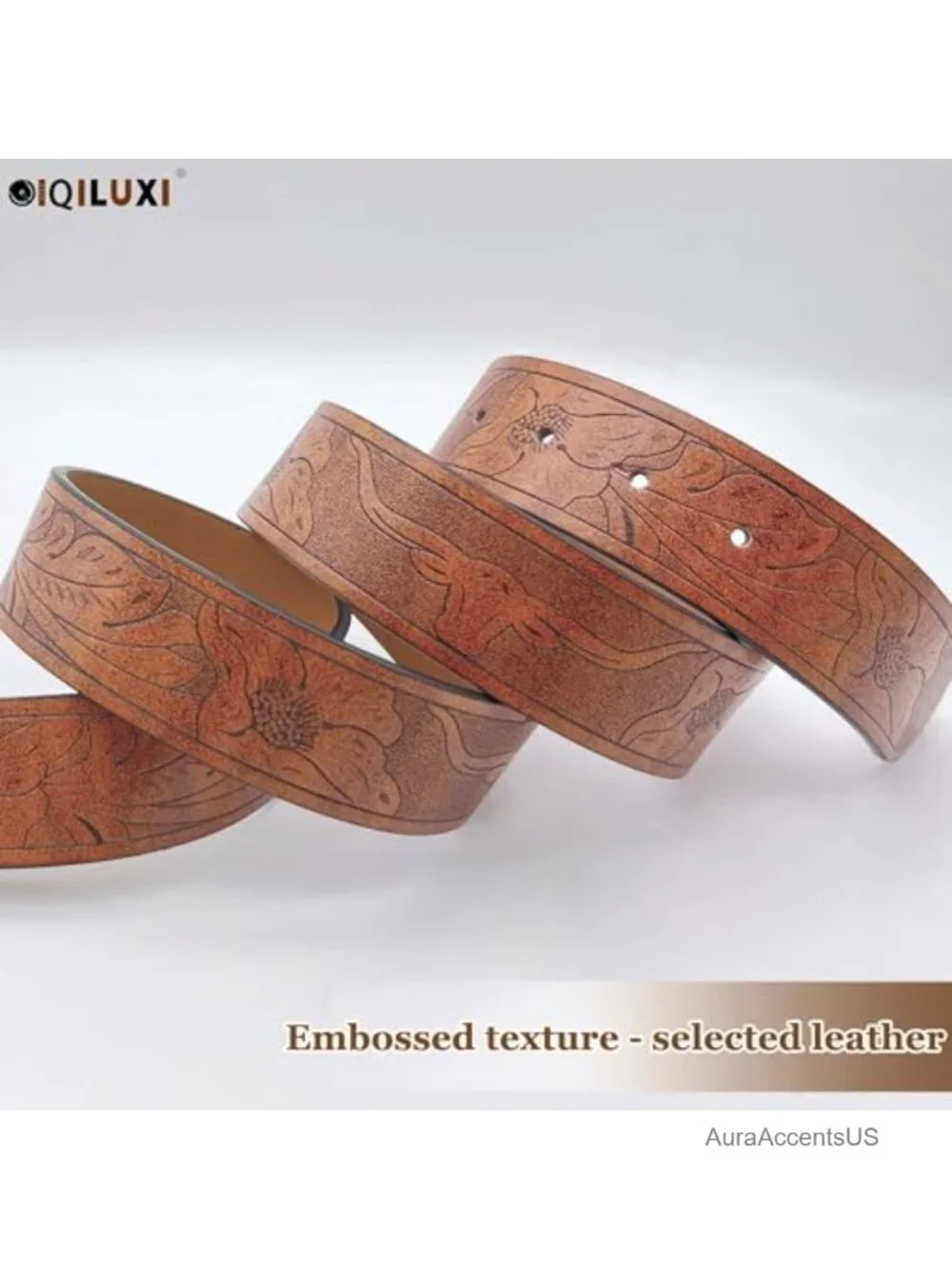 Western Cowboy Belt Faux Leather Carved Alloy Metal Cowhead Buckle - 43.3-49.2in